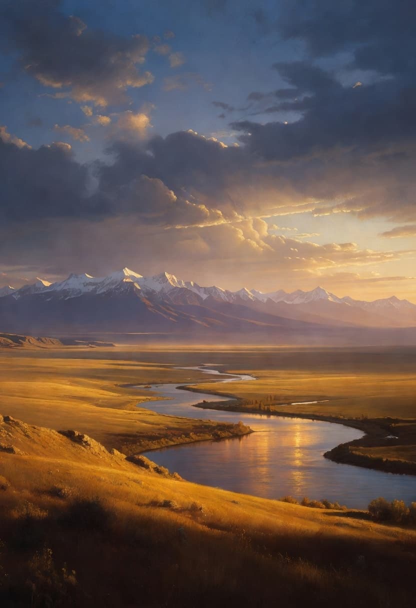 American landscape — mountains, plains, and a winding river at golden hour