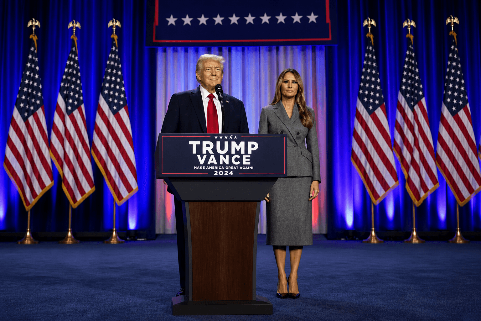 American flags arranged behind a podium