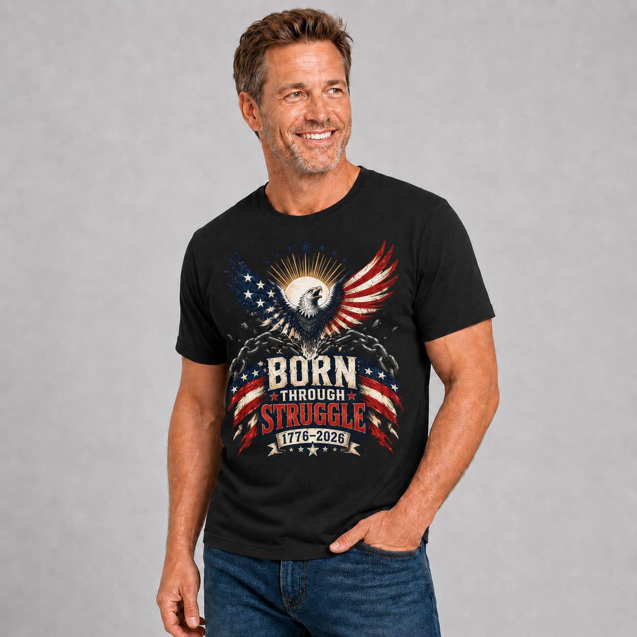 Born Through Struggle — America 250 Tee in Men's black front view, additional product view