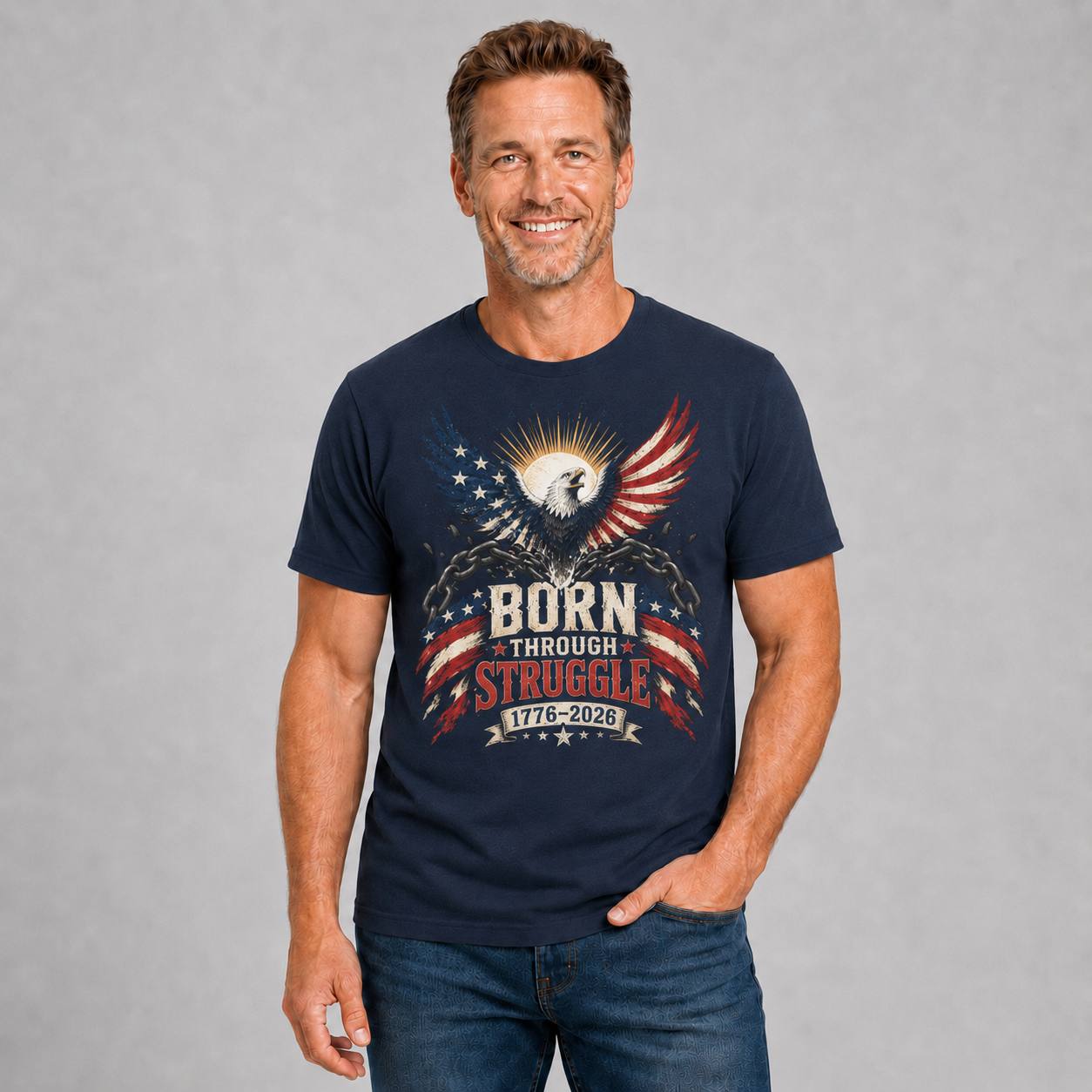 Born Through Struggle — America 250 Tee in Men's navy front view, additional product view
