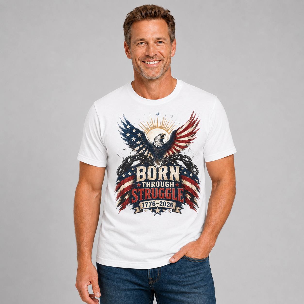 Born Through Struggle — America 250 Tee, front view