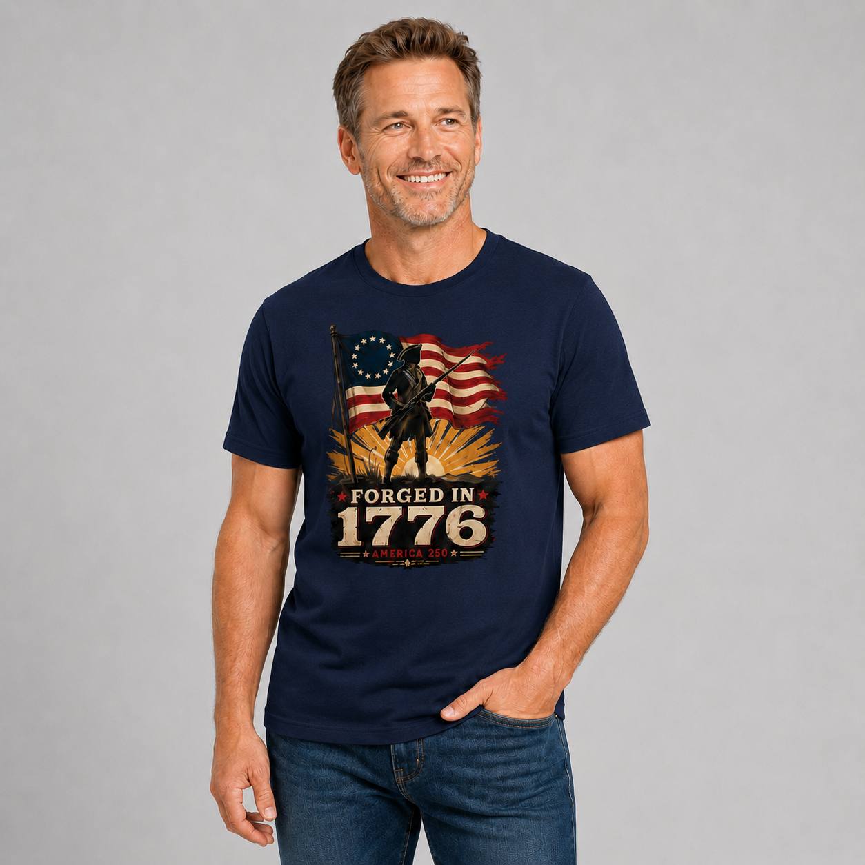 Forged in 1776 — America 250 Tee in Men's navy front view, additional product view