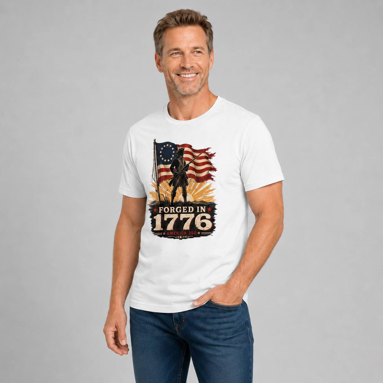 Forged in 1776 — America 250 Tee, front view